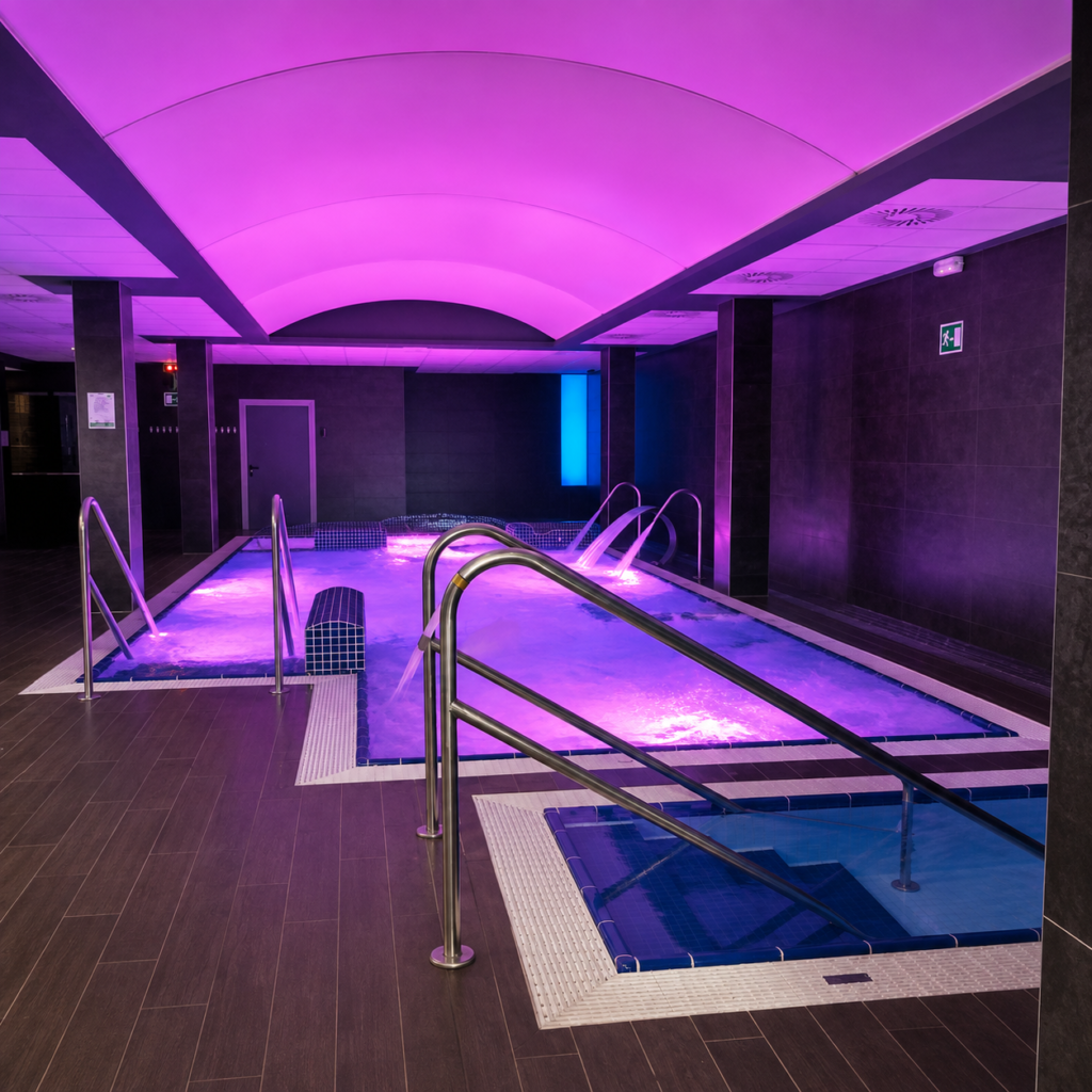 Piscina interior de spa con iluminación púrpura y chorros de agua