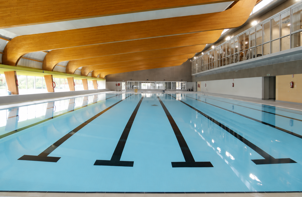 Piscina interior de competición con carriles de natación y techo de madera en el Centro Deportivo Mandor.