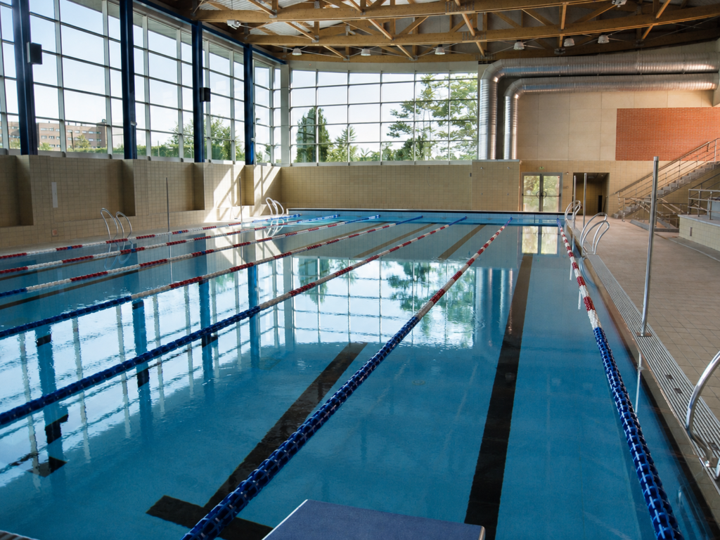 Piscina cubierta de competición con carriles de natación y grandes ventanales.