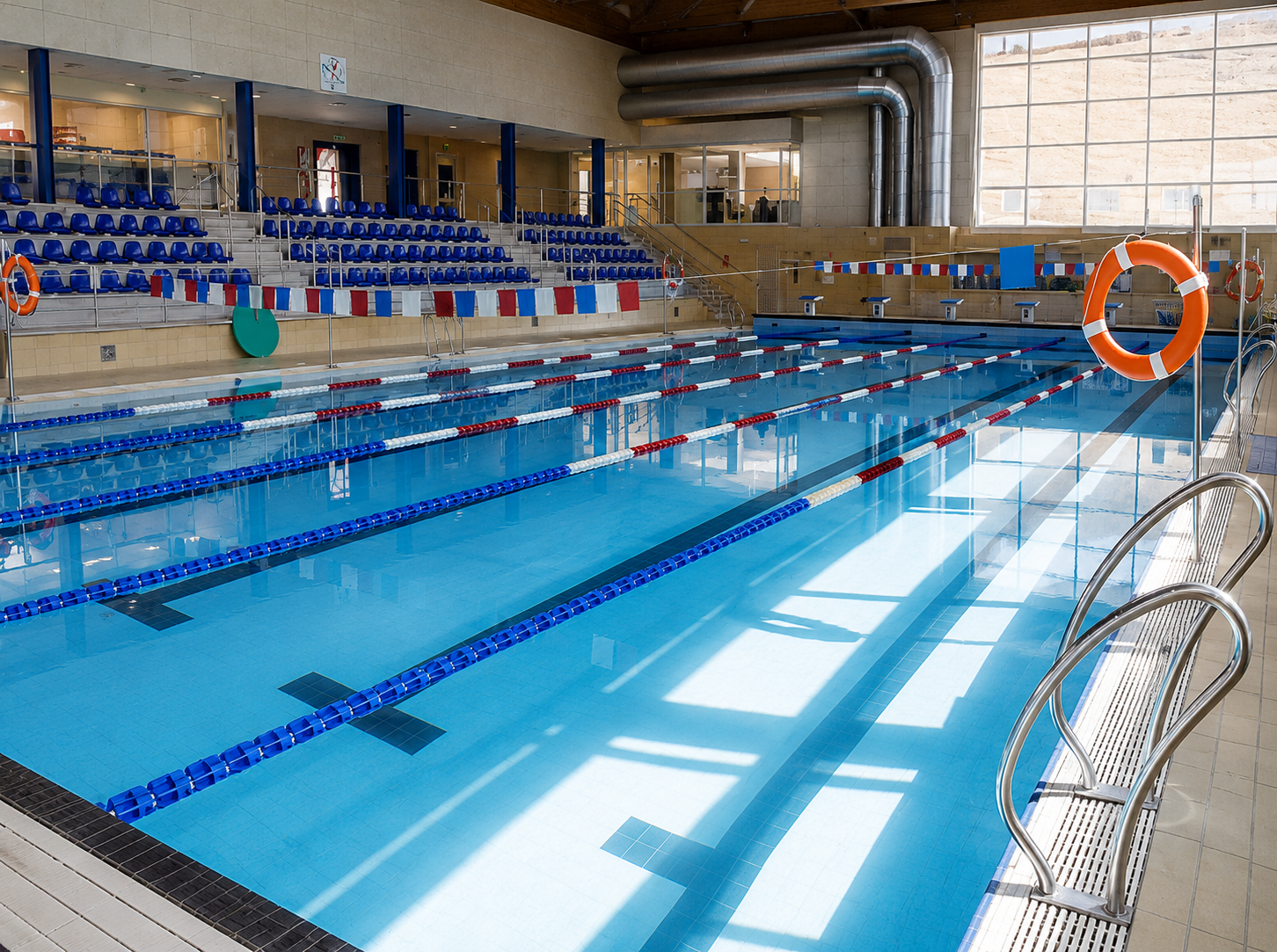 Piscina interior cubierta con carriles de natación y gradas, ideal para complejos deportivos.