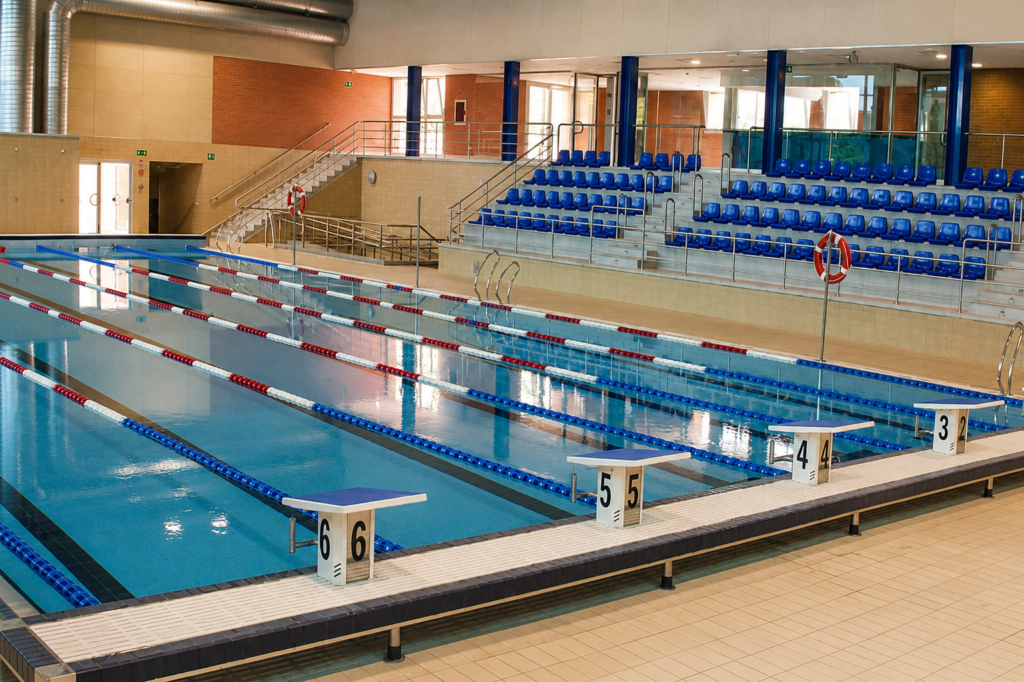 Piscina interior de competición con carriles de natación y gradas.