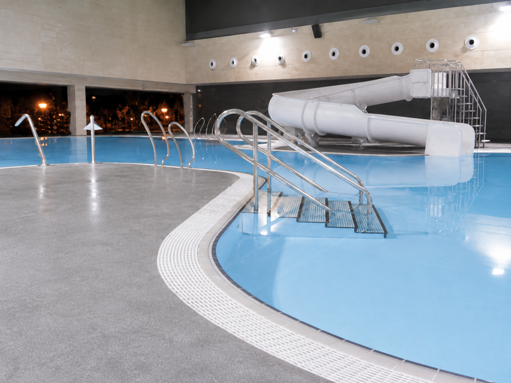 Piscina interior recreativa con tobogán y escaleras, piscinas municipales.