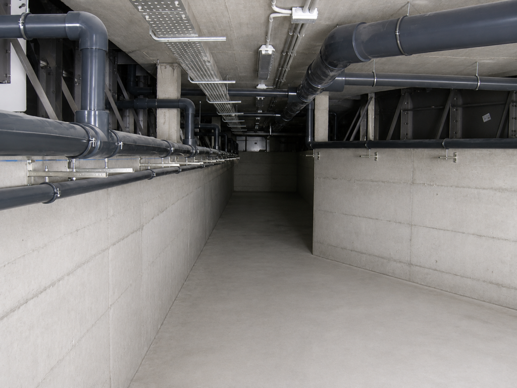 Tuberías y paredes de hormigón en pasillo de piscina municipal cubierta