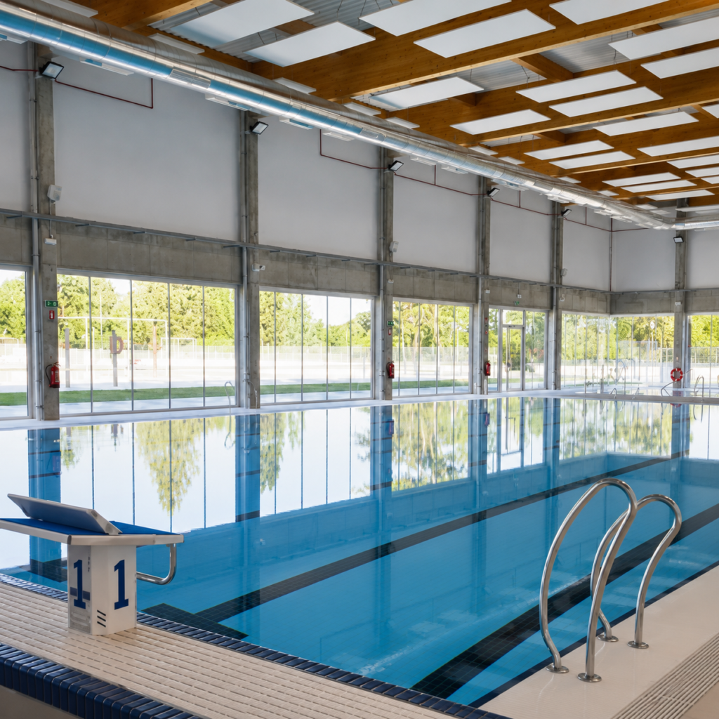 Piscina Myrtha Madrid CDM Casa de Campo cubierta con carriles de natación y plataformas.