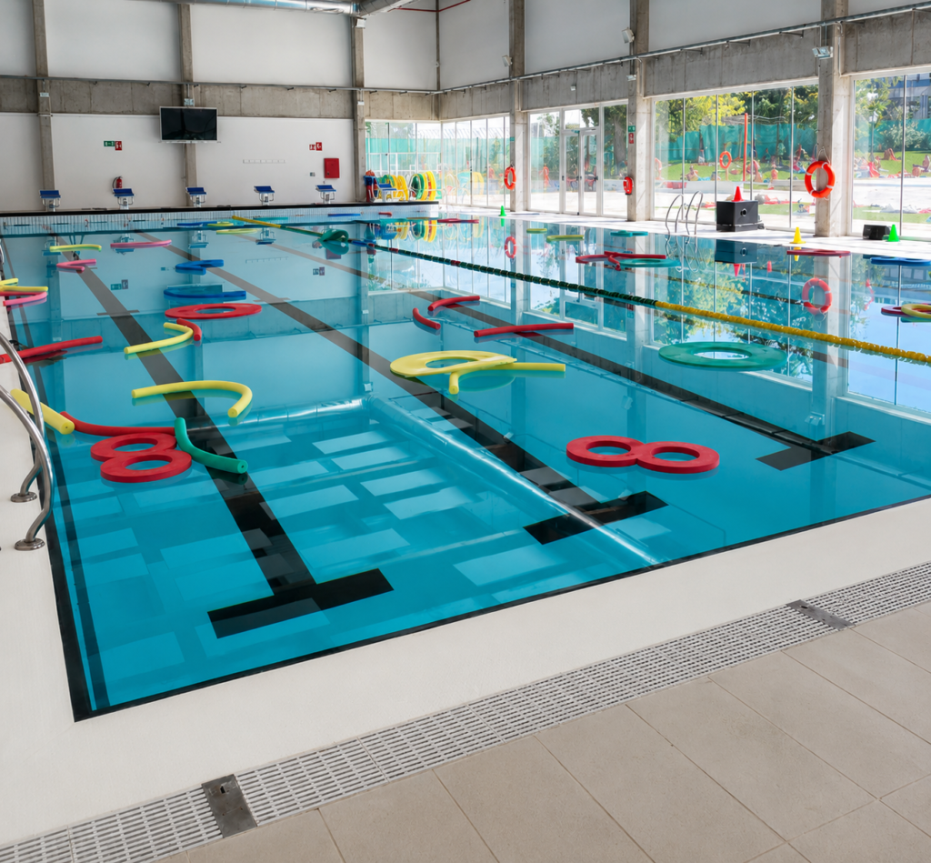 Piscina Myrtha Madrid interior con accesorios de aprendizaje y carriles de natación