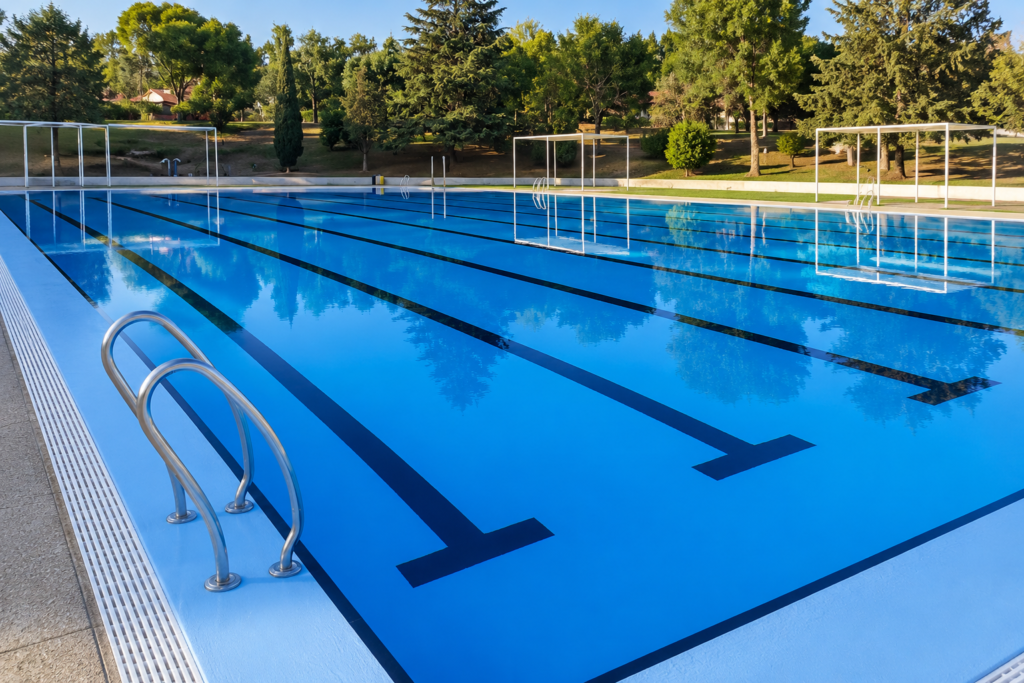 Piscina exterior de competición con carriles de natación y estructura metálica en La Elipa.