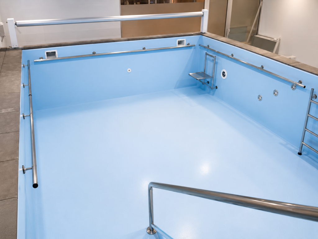 Umivale Activa 4 Piscina vacía de diseño en interior con revestimiento azul y pasamanos