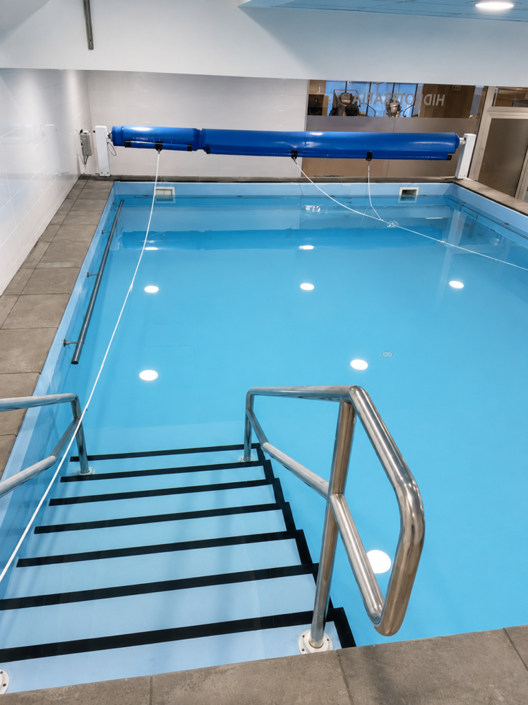 Umivale Activa 3 Piscina interior azul con escaleras y cubierta enrollable