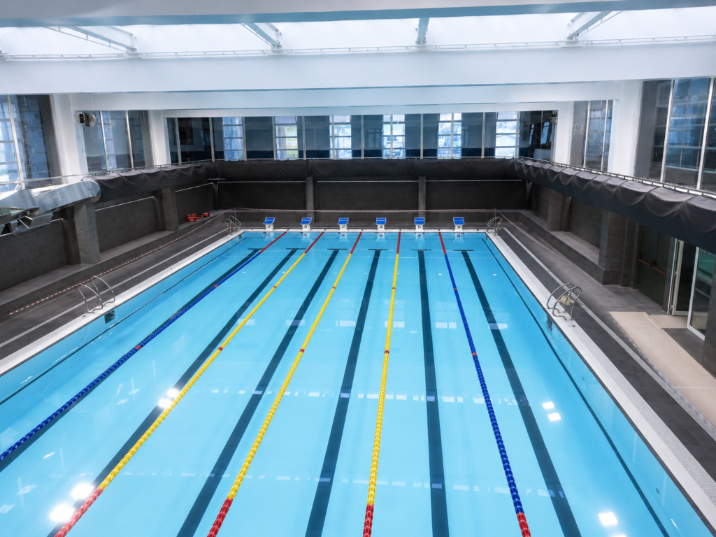 Piscina cubierta de competición con carriles de natación y plataformas de salida.