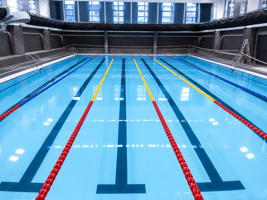 Piscina cubierta de competición con carriles de natación, parte de la renovación de piscinas municipales en Madrid.