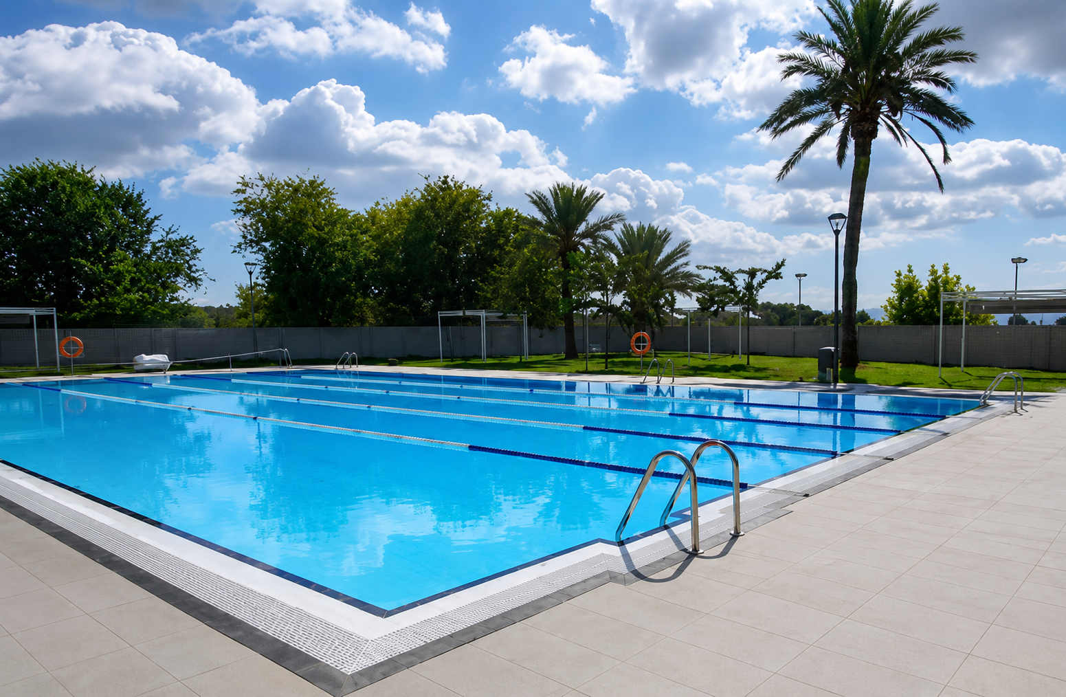 Piscina municipal exterior de verano con carriles de natación y palmeras.