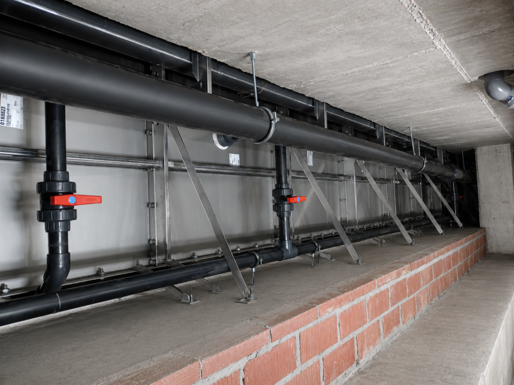 Tuberías y estructuras de acero inoxidable de piscina Myrtha en interior, ideal para club deportivo.