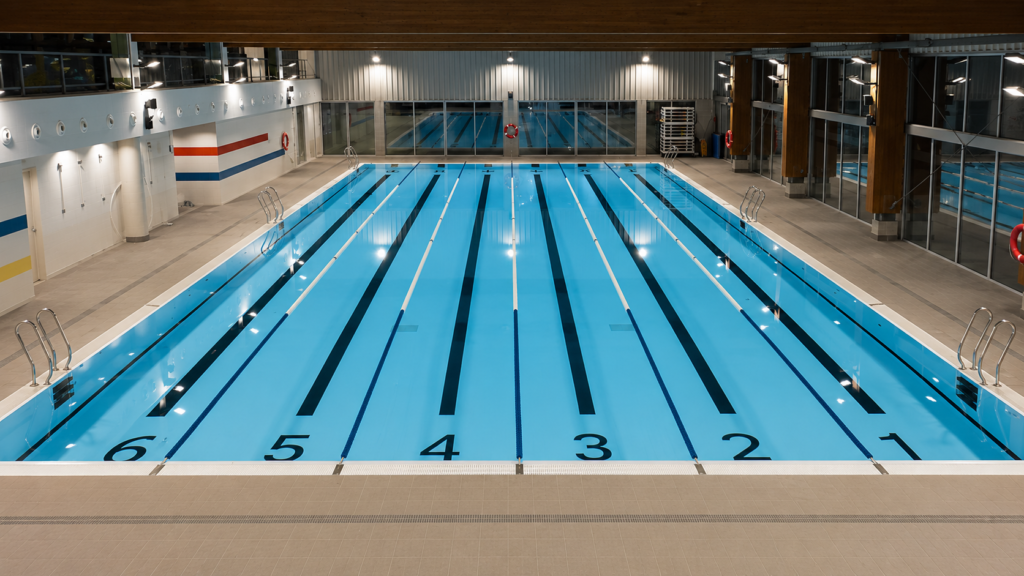 Piscina Myrtha de competición interior con carriles de natación y números.