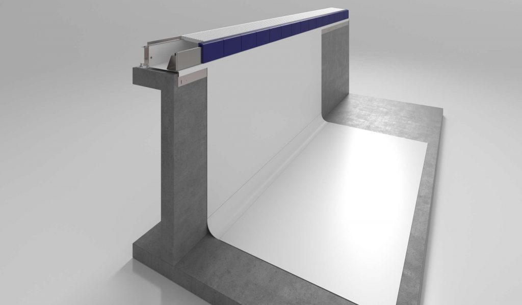 Tecnología RenovAction 22 Tecnología Myrtha: corte transversal de piscina con liner blanco y borde azul