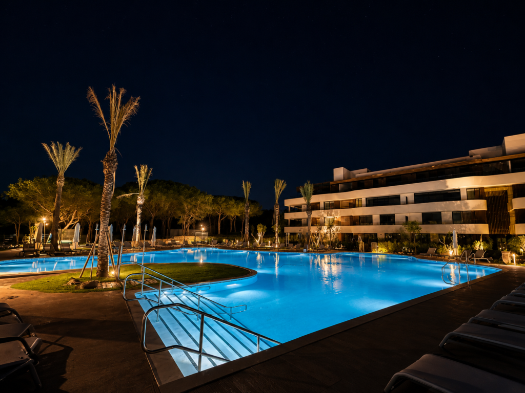 Piscina exterior de diseño en Village Verde, con iluminación nocturna y palmeras.