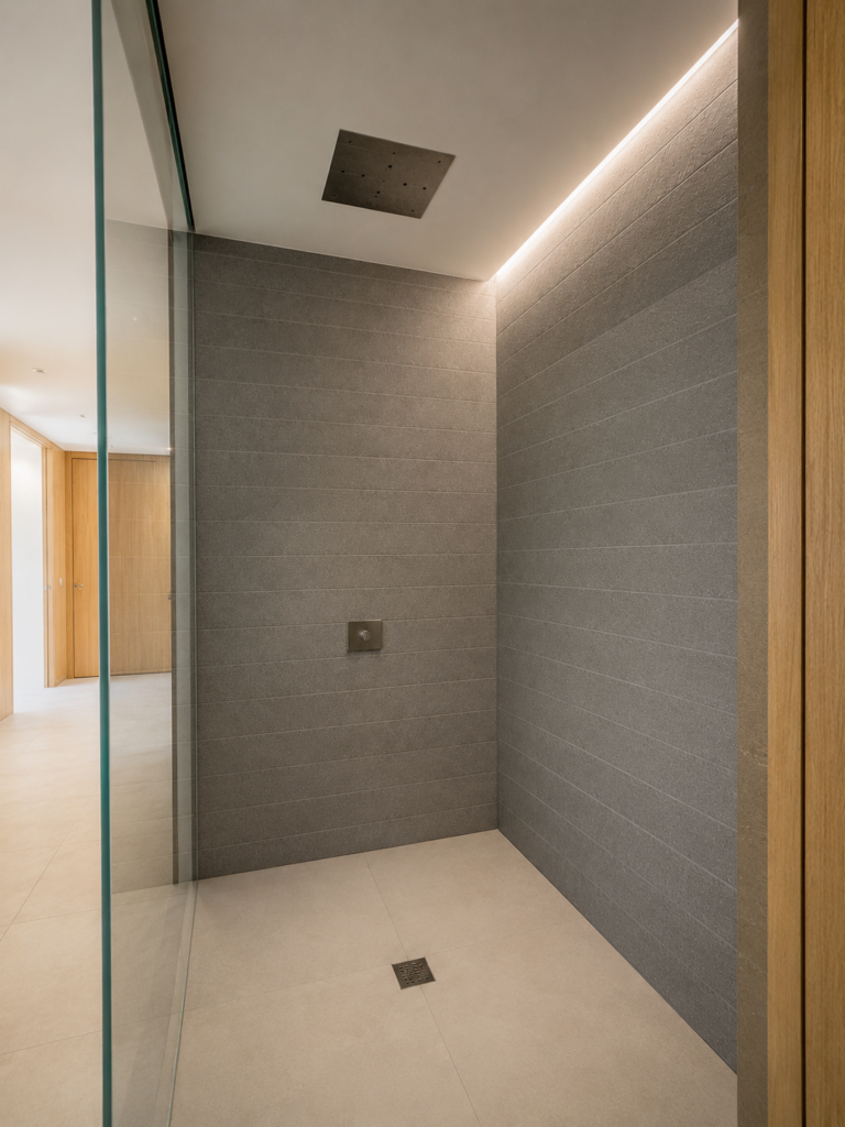 Ducha moderna de diseño en Village Verde, con acabados de piedra y madera.