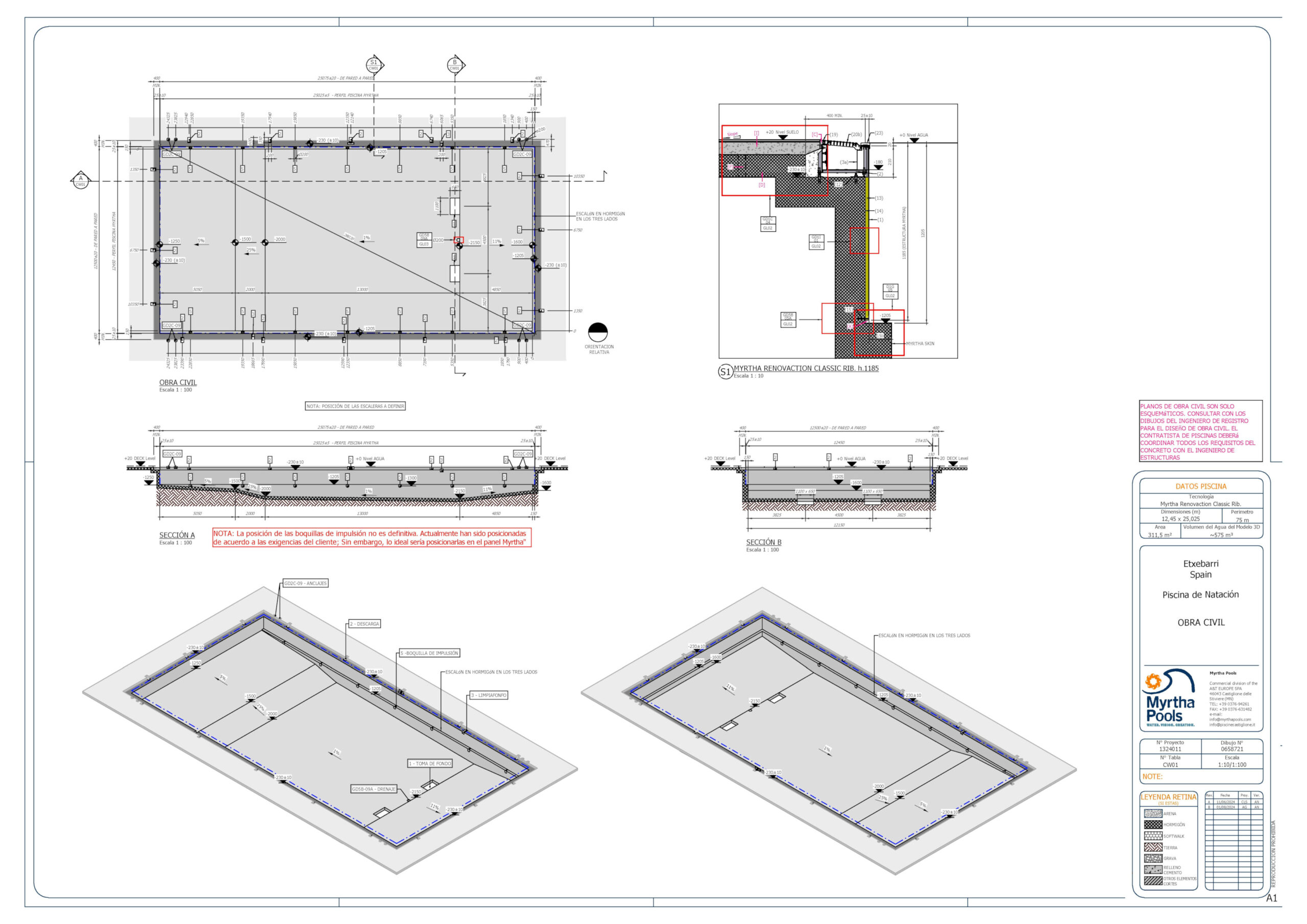 Plano y vistas 3D de renovación de piscina cubierta de hormigón en Etxebarri
