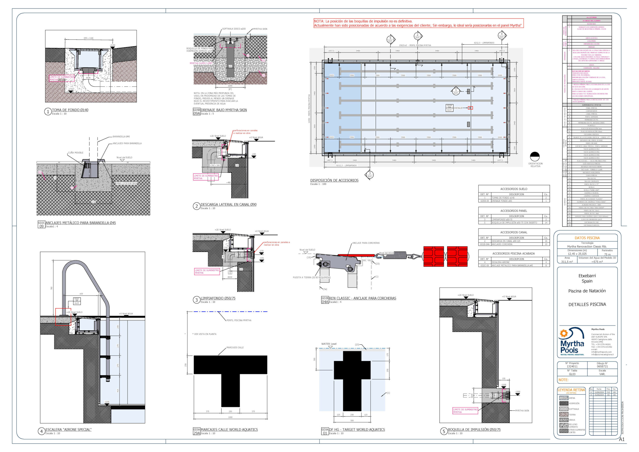 Detalle de piscina Myrtha: sistema de drenaje y accesorios para renovación de piscinas Etxebarri.