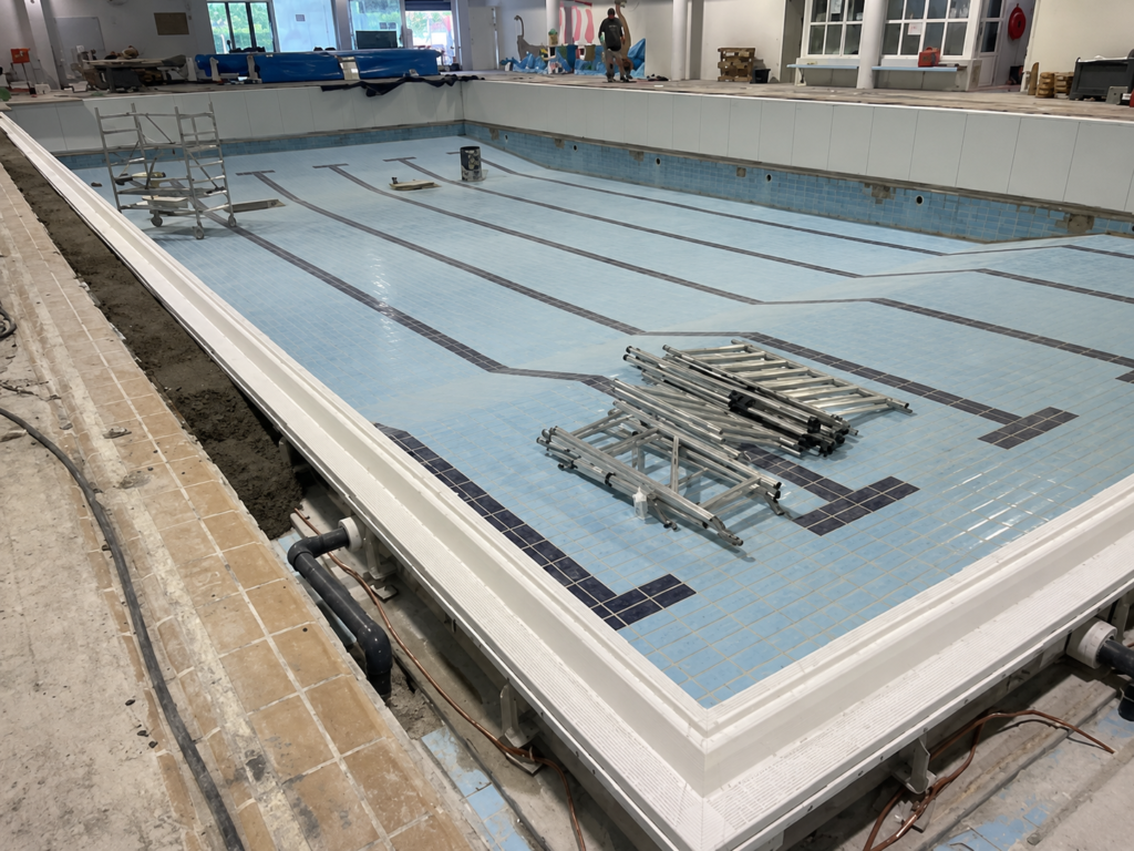 Piscina de competición Myrtha Pools en Etxebarri, Molins de Rei, con carriles y estructura metálica.