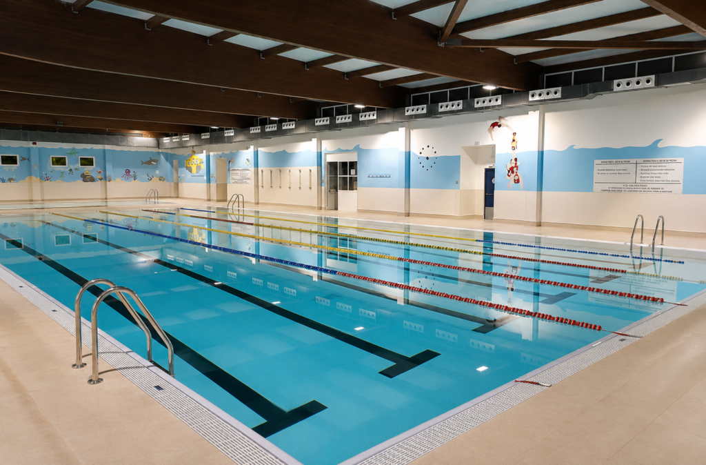 Piscina interior de competición Alpe Pools Myrtha Pools en Etxebarri, carriles de natación y estructura metálica.