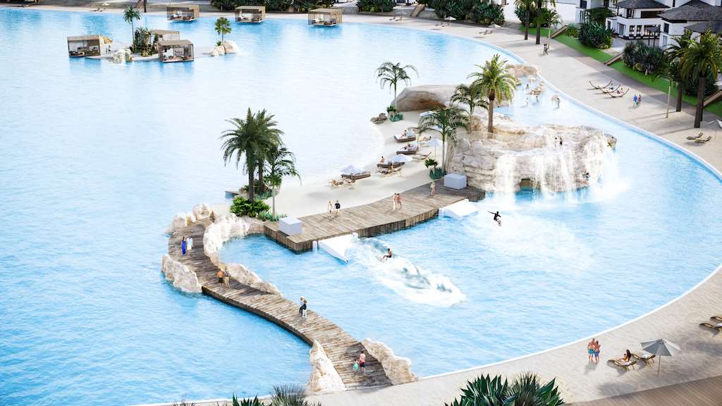Piscinas recreativas Alpe Pools: diseño moderno con cascada y zona de surf.