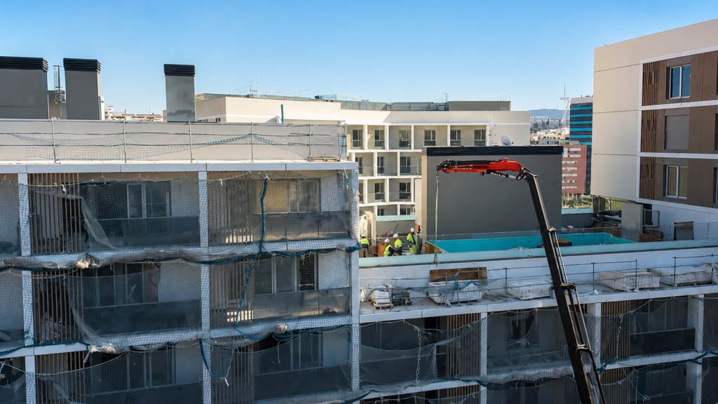 Culmia Themis Riera 2 Piscina de diseño exterior en construcción en Barcelona, con grúa.