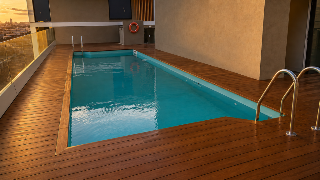 Culmia Themis Riera 7 Piscina exterior de diseño en Barcelona con tarima de madera y vistas al atardecer.