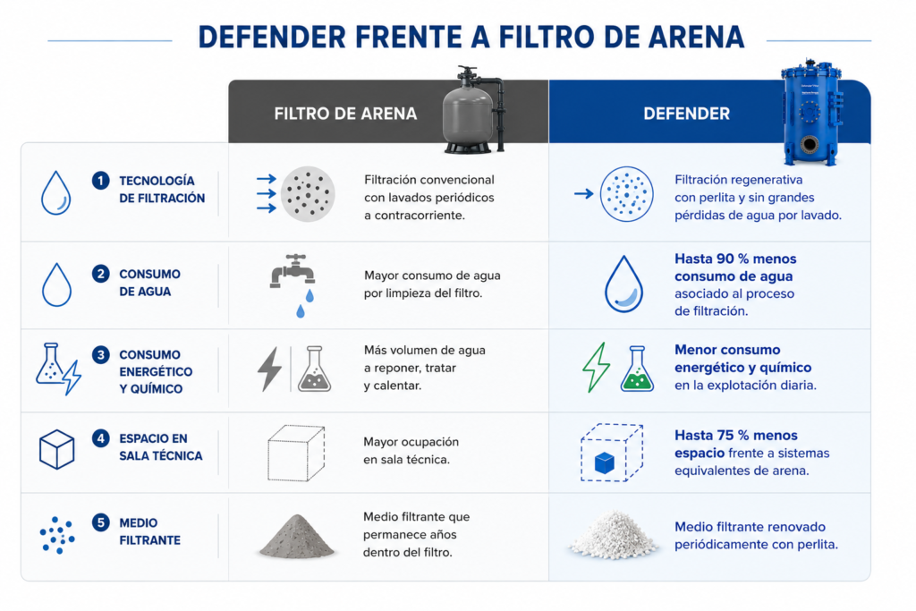 Recirculación y filtración del agua 8 Comparativa: Filtro de arena vs. Defender. Filtración, consumo y espacio.