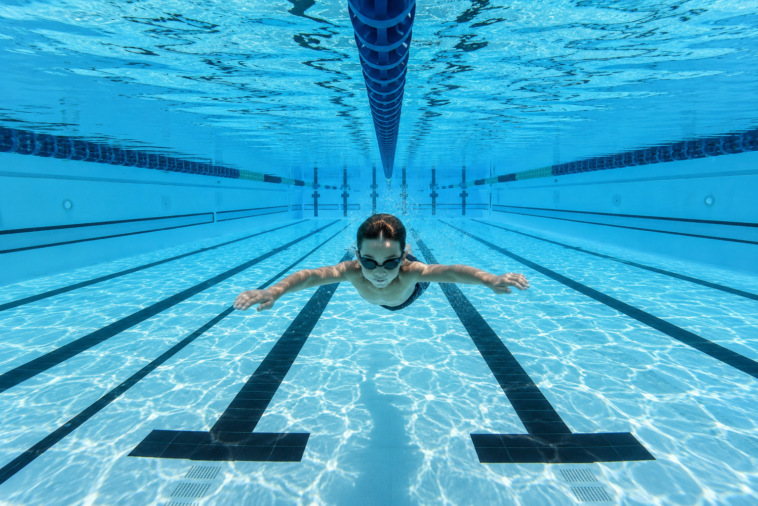 Recirculación y filtración del agua 1 Niño nadando bajo el agua en piscina de competición con carriles de natación