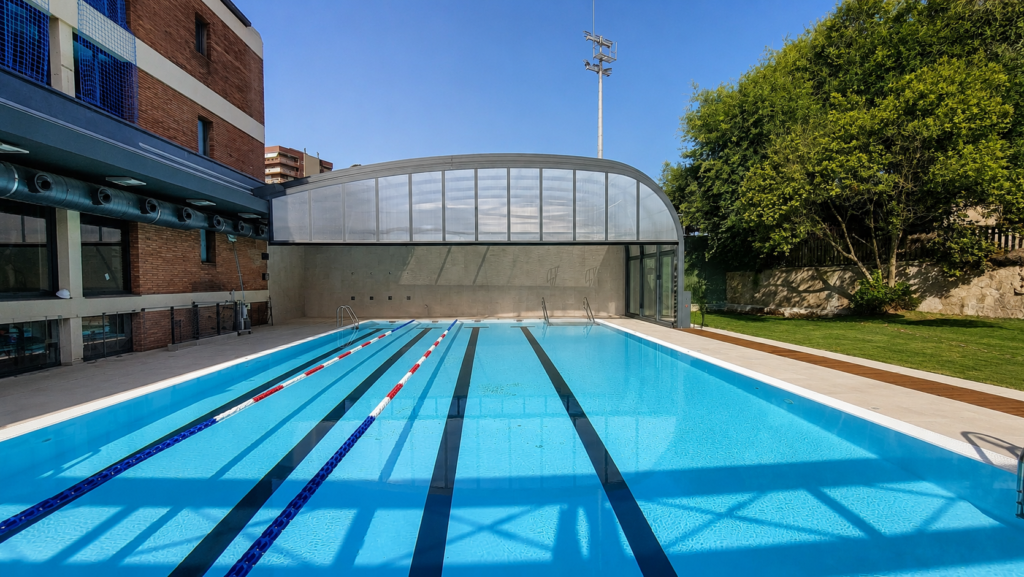 Club Esportiu Laietà 5 Piscina cubierta de deportiva, con carriles de natación y cubierta de cristal.