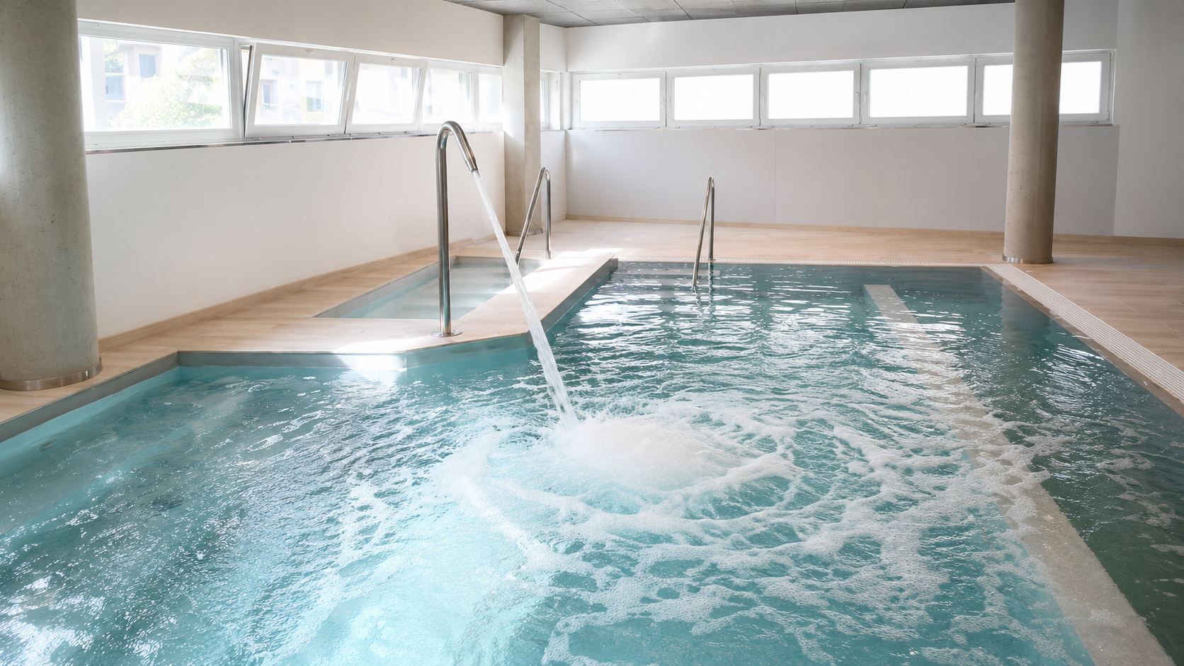 Piscina interior con zona wellness y cascada, ideal para club deportivo.
